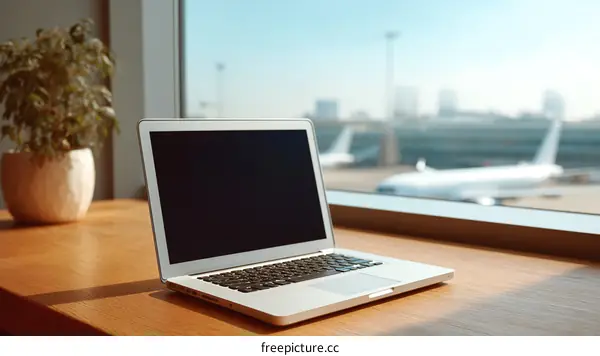 Laptop at Airport Window Workspace Scene