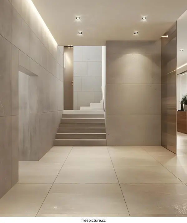 Modern Minimalist Staircase Design with Stone Tile Flooring