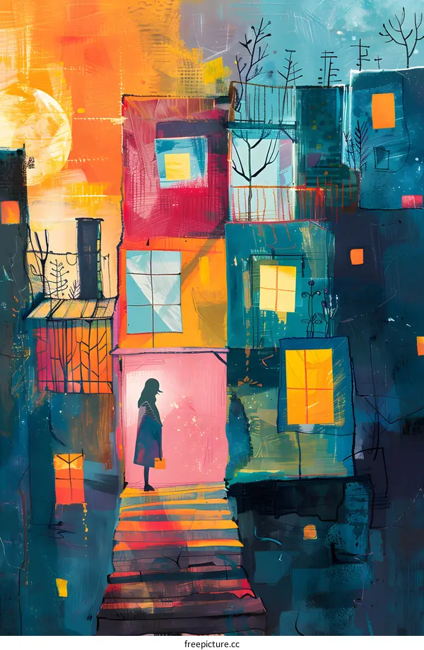 A painting of a person standing in a colorful city