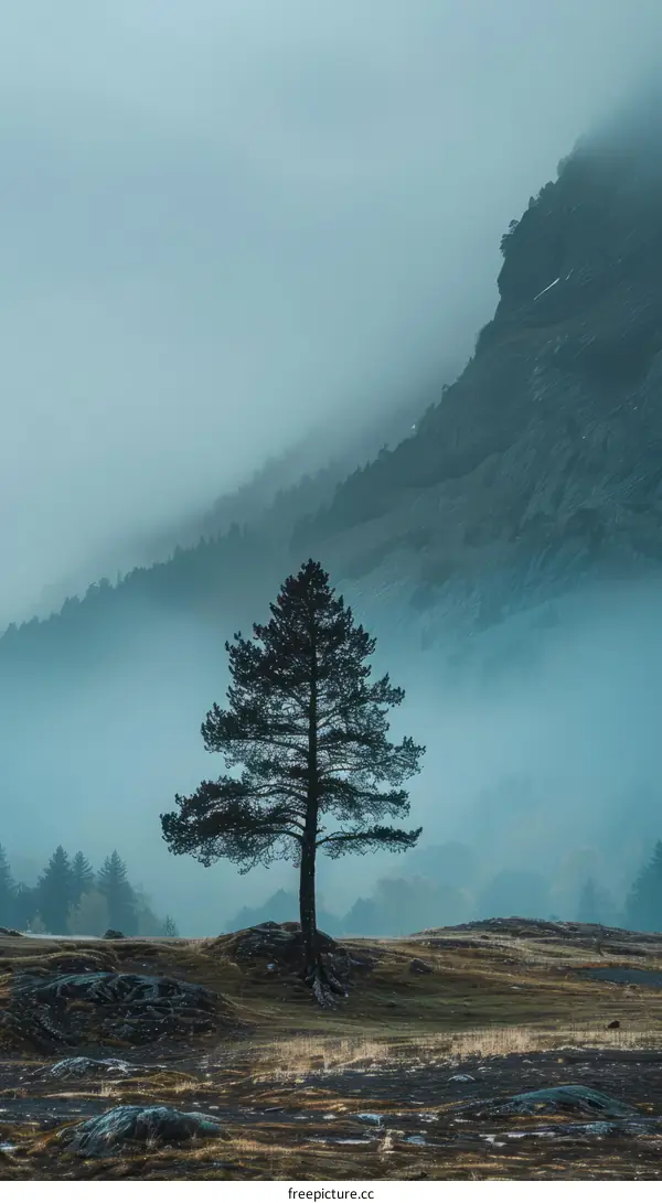Solitary Pine Tree on Rocky Hillside