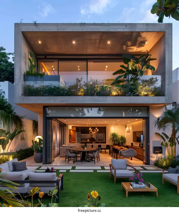 Modern Concrete House With Backyard And Garden