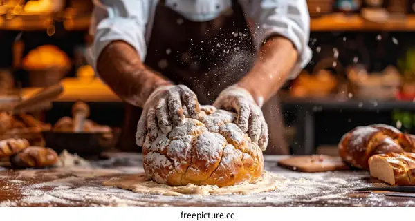 Baker kneading dough on a wooden table in a bakery