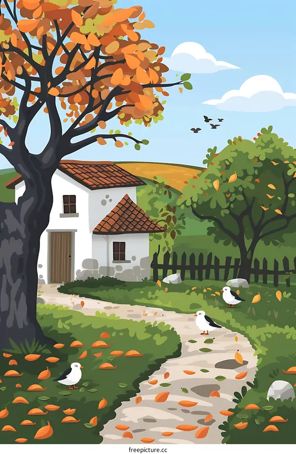 Autumn Landscape With Small House And Birds