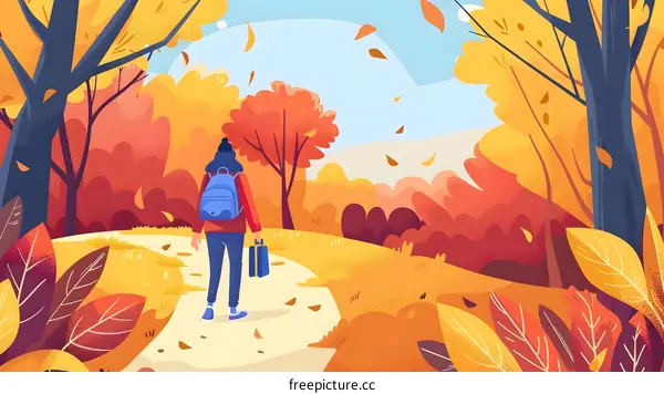 Woman with Backpack Walking on Path in Autumn Forest