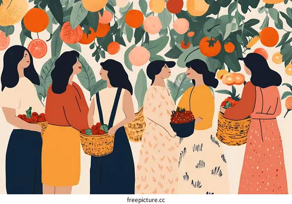 Six Women Gathering Fruit Under a Tree