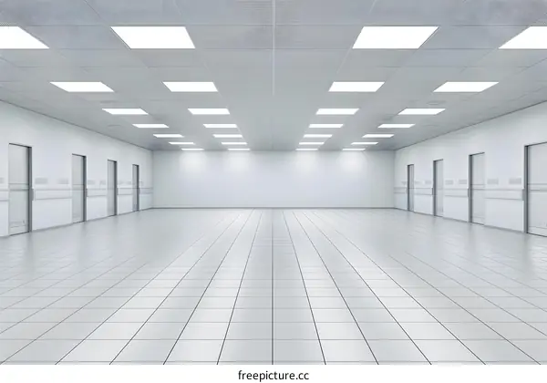 Empty White Room With Sliding Doors And Ceiling Lights