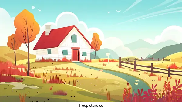 Autumn Landscape with House and Stream