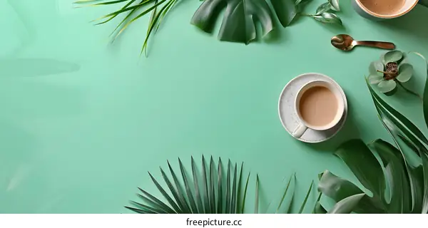 Green Leaves with Cup of Coffee on Green Background