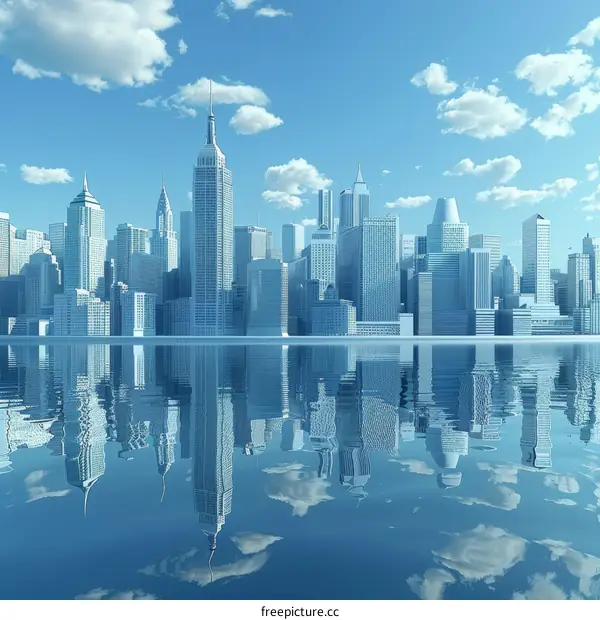 Bright blue and white cityscape with numerous tall skyscrapers and their reflections in the water below