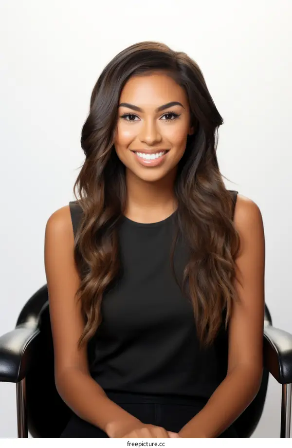 portrait of a young woman with long brown hair and a beautiful smile