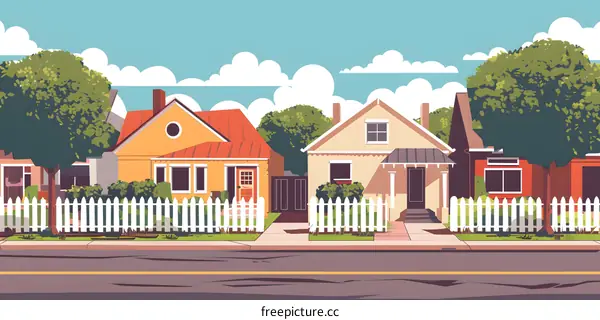 Illustration of a Suburban Neighborhood with Houses and Fences