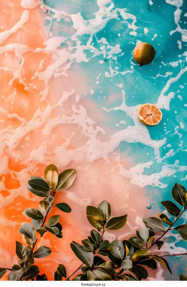 Summertime Beach Scene with Lush Greenery and Juicy Citrus Fruit