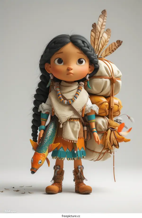 A Native American girl carrying a fish and a burden