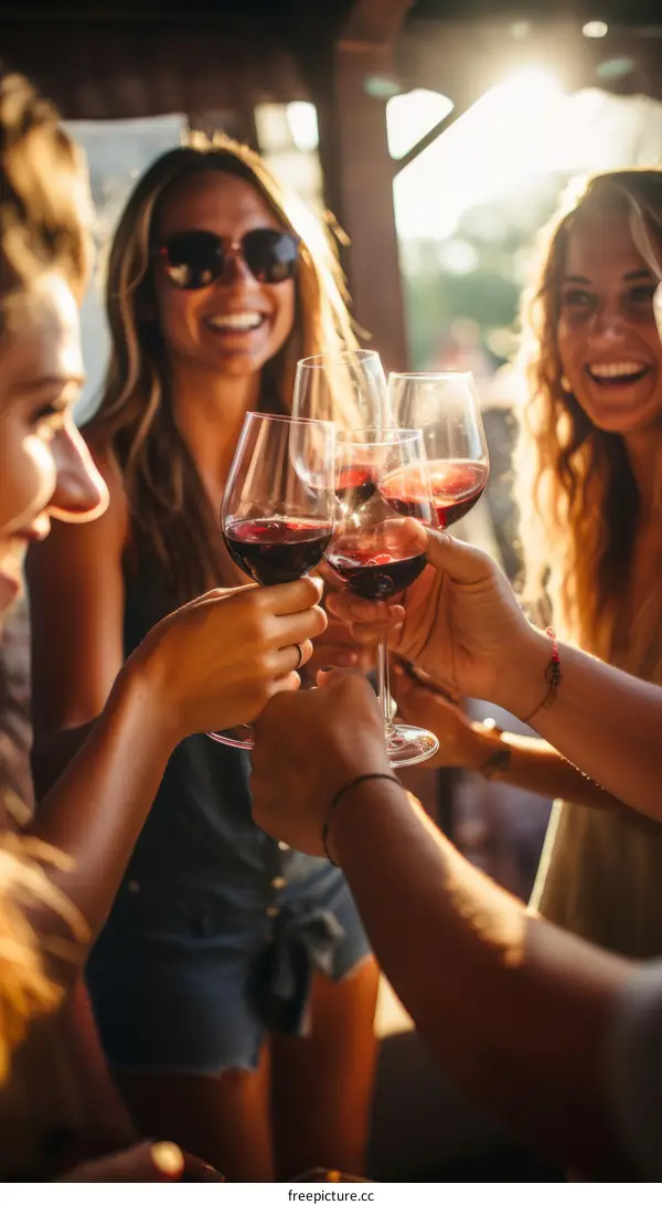 group of friends toasting with red wine glasses at sunset