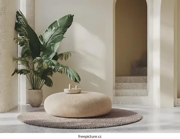 Minimalist Interior Design With Round Ottoman And Lush Green Plant
