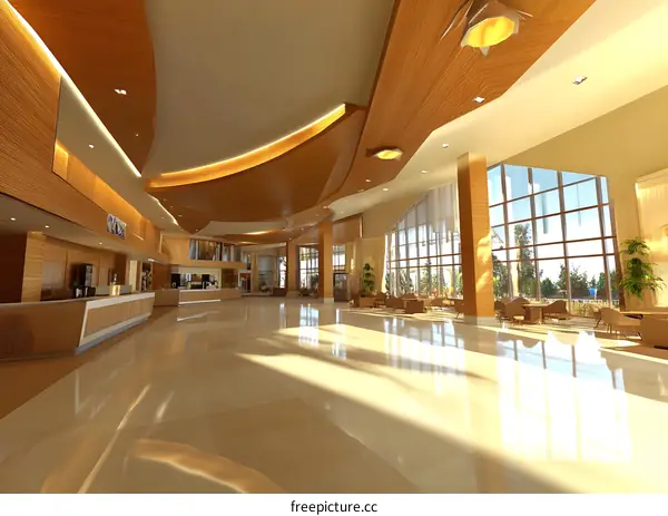 Modern Hotel Lobby Interior Design With Wood Panels And Large Windows