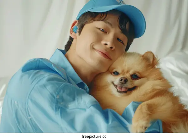 South Korean singer and actor Cha Eun-Woo with a Pomeranian dog