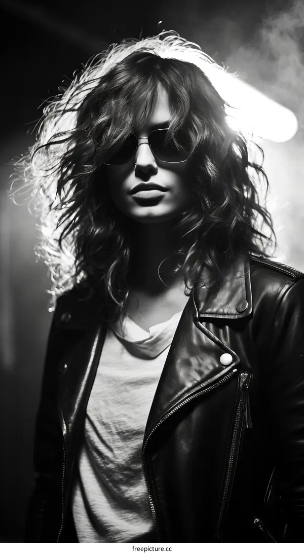 Stylish Black and White Portrait of a Young Woman in Sunglasses and Leather Jacket