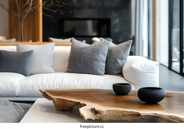 Modern Minimalist Living Room Design with Natural Wood Coffee Table