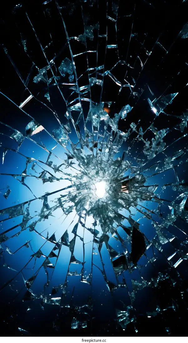 shattered glass with a bright light shining through