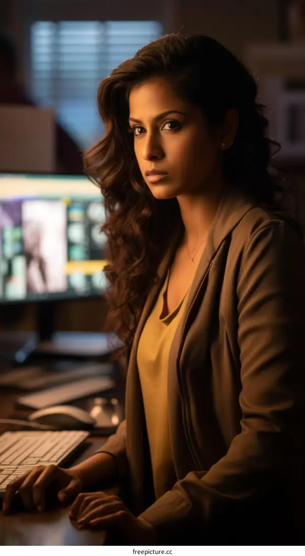 A young Indian woman sits at her desk and looks at the camera.