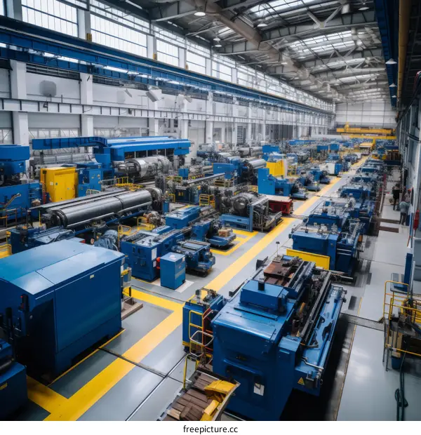 A large industrial factory with blue machines and yellow markings on the floor