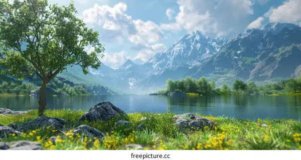 Serene Mountain Lake with Green Field