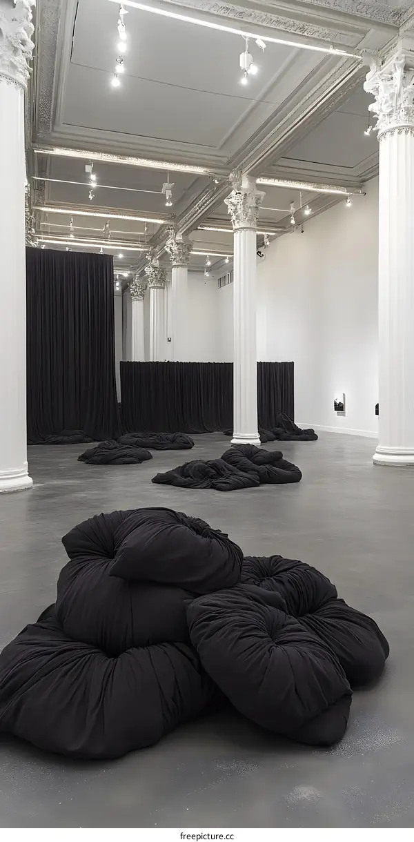 Black Fabric Sculptures in a Large White Room with Pillars
