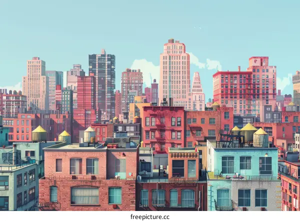 Colorful Cityscape Illustration with High-Rise Buildings