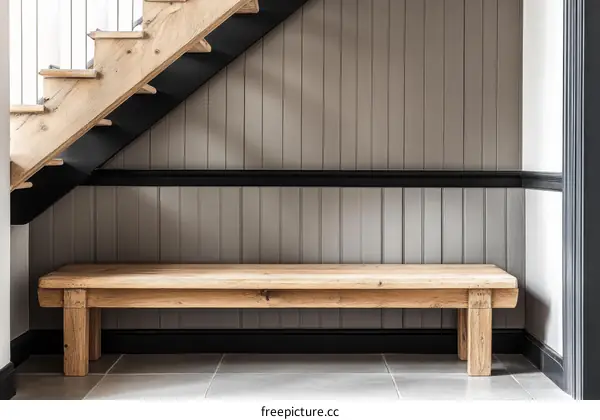 Wooden Bench Underneath Stairs in a Modern Hallway
