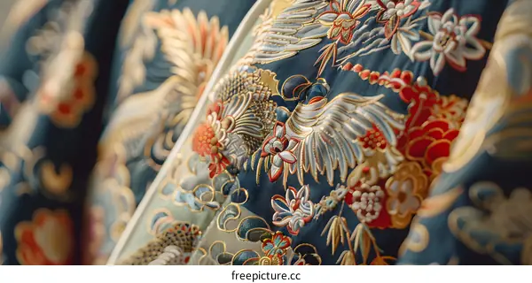 A close-up of a blue Chinese silk wedding dress with a pattern of golden and red flowers and birds.