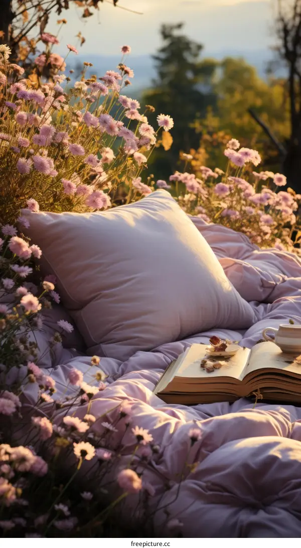 A cozy reading spot in a field of flowers