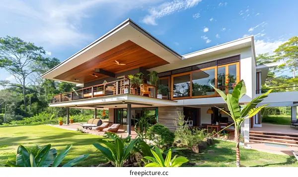 Modern Tropical House with Large Windows and Balcony