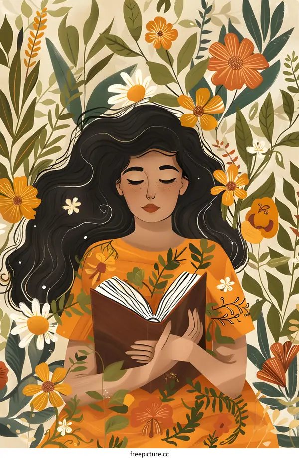 Woman Reading a Book Surrounded by Flowers