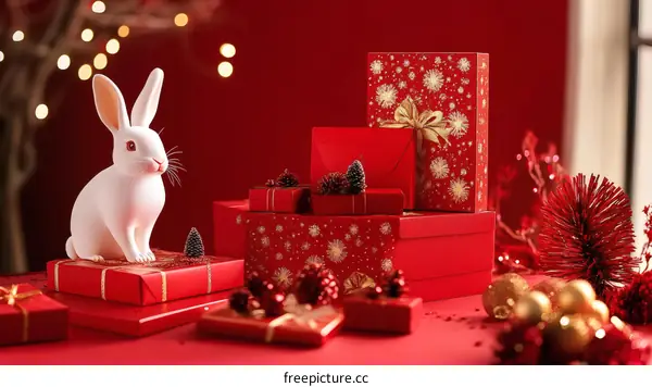 White Rabbit Ornament with Christmas Gifts