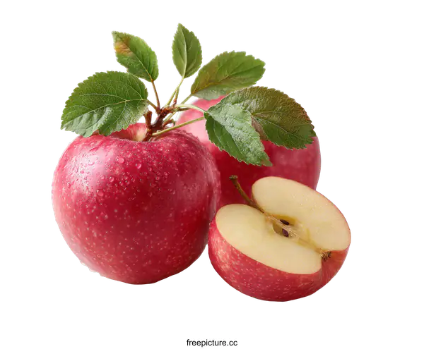 [Transparent Background PNG]Fresh Red Apples with Leaves and Slices