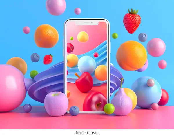 Fruit and Ball 3D Render, Floating Phone, Pink Blue Background