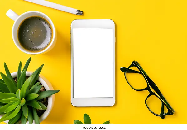Flat Lay of White Smartphone with Blank Screen, Coffee Cup, Glasses, and Plant on Yellow Background