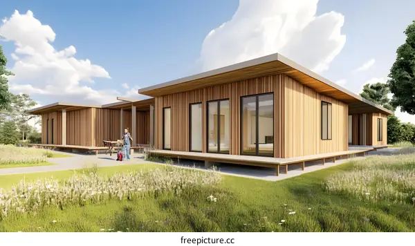 Modern Wooden House Exterior Design With Woman Standing Outside