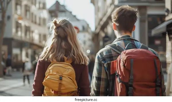 Couple Walking Down City Street With Backpacks