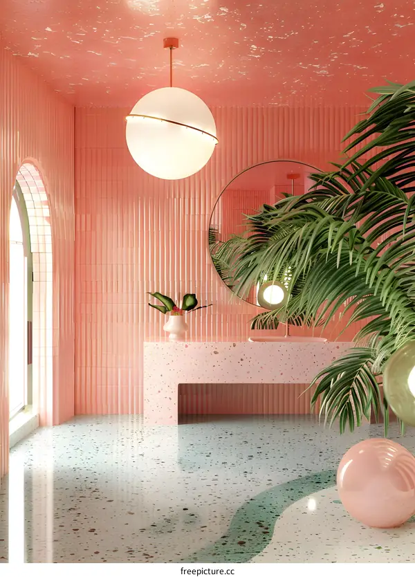 Pink Terrazzo Bathroom Interior Design with Palm Tree