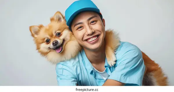 Smiling Asian man with a Pomeranian dog