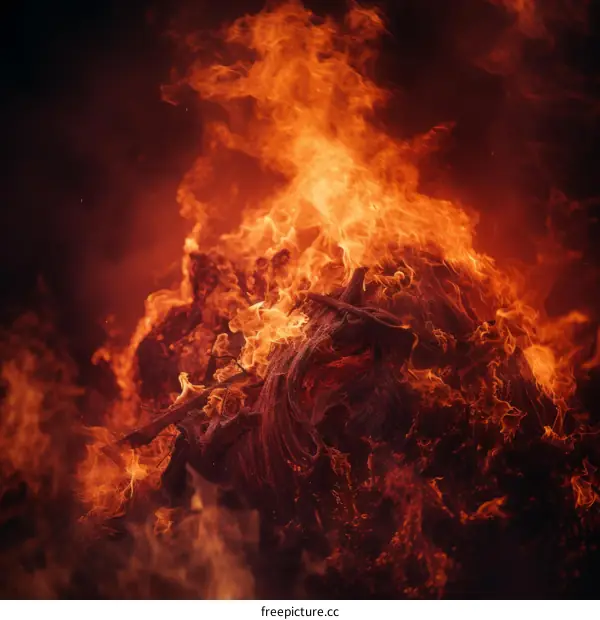 Flames engulfing a tree stump in a forest fire