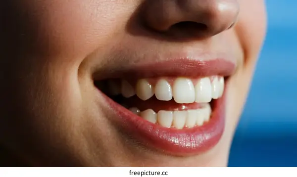 Close-up of a woman's smile showing white teeth and healthy gums