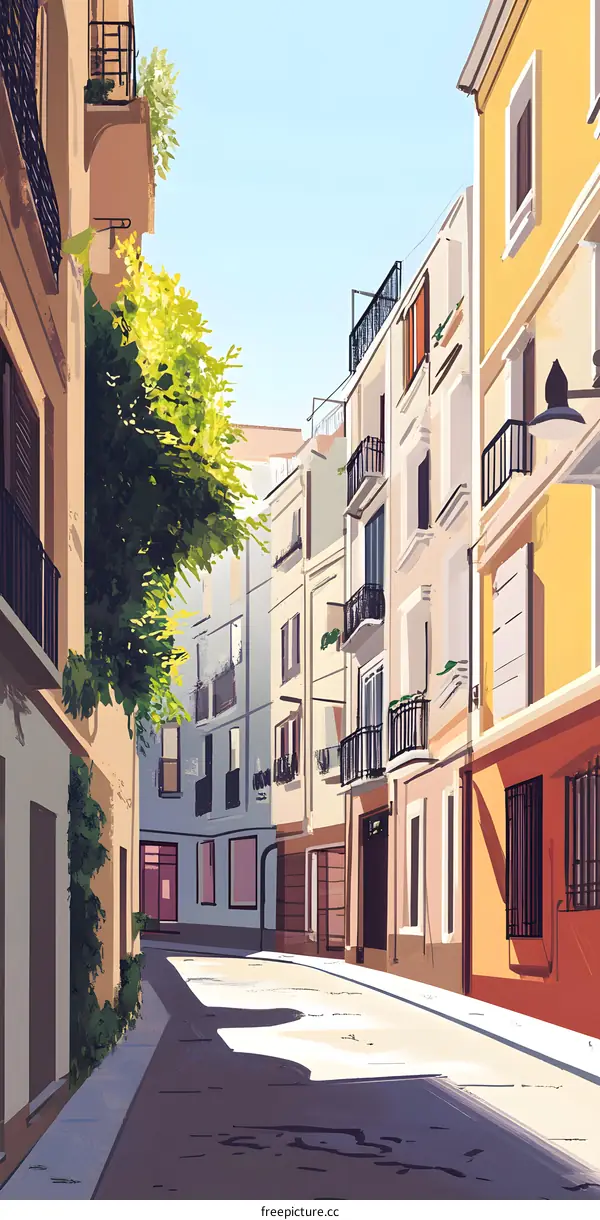 European Style Illustration of Narrow Street in Sunny Day