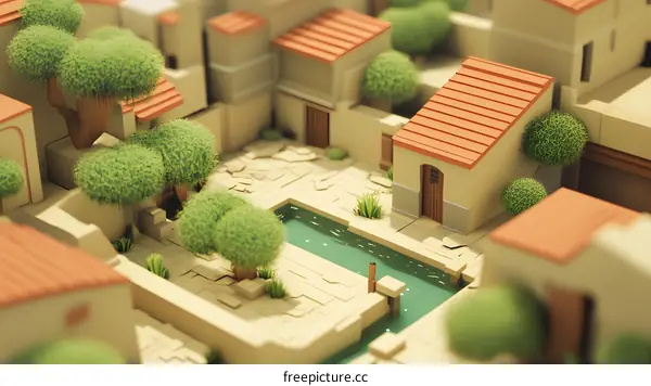 Low Poly 3D Illustration of a Small Town