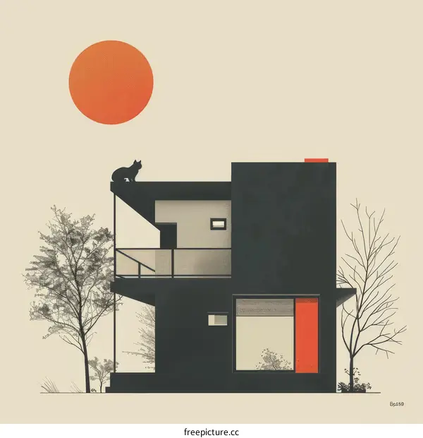 Black Cat Napping on a Modernist Rooftop