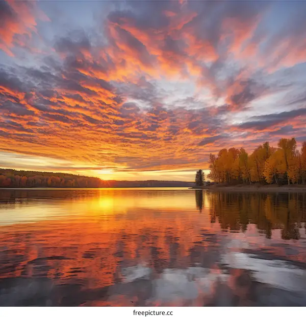 The setting sun casts a golden glow on the lake and trees