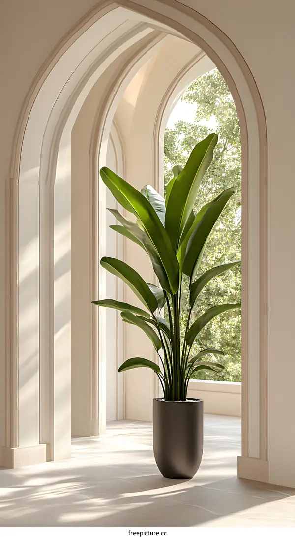 Green Plant in Minimalist Interior with Archway