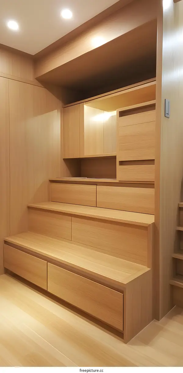 Modern Wooden Built-In Bench with Drawers and Shelves